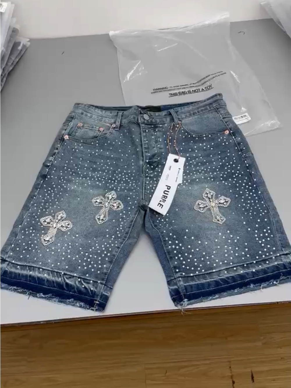 Studded Dark Wash Denim Shorts with Crystal Cross Appliqués